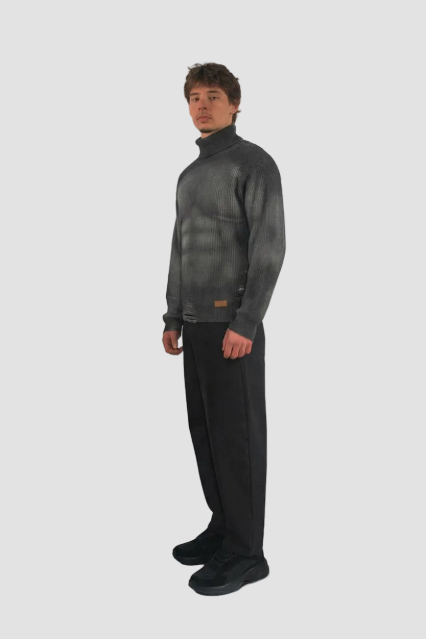 Distressed Sculpted Muscle Knit Turtleneck