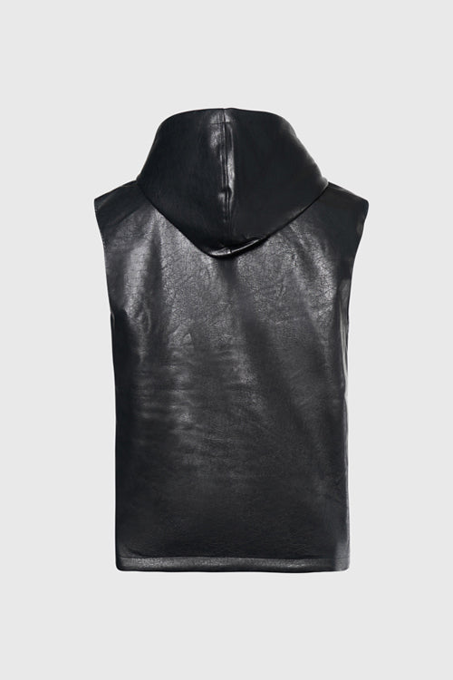 Waxed Faux Leather Sleeveless Hoodie - The Hideout Clothing