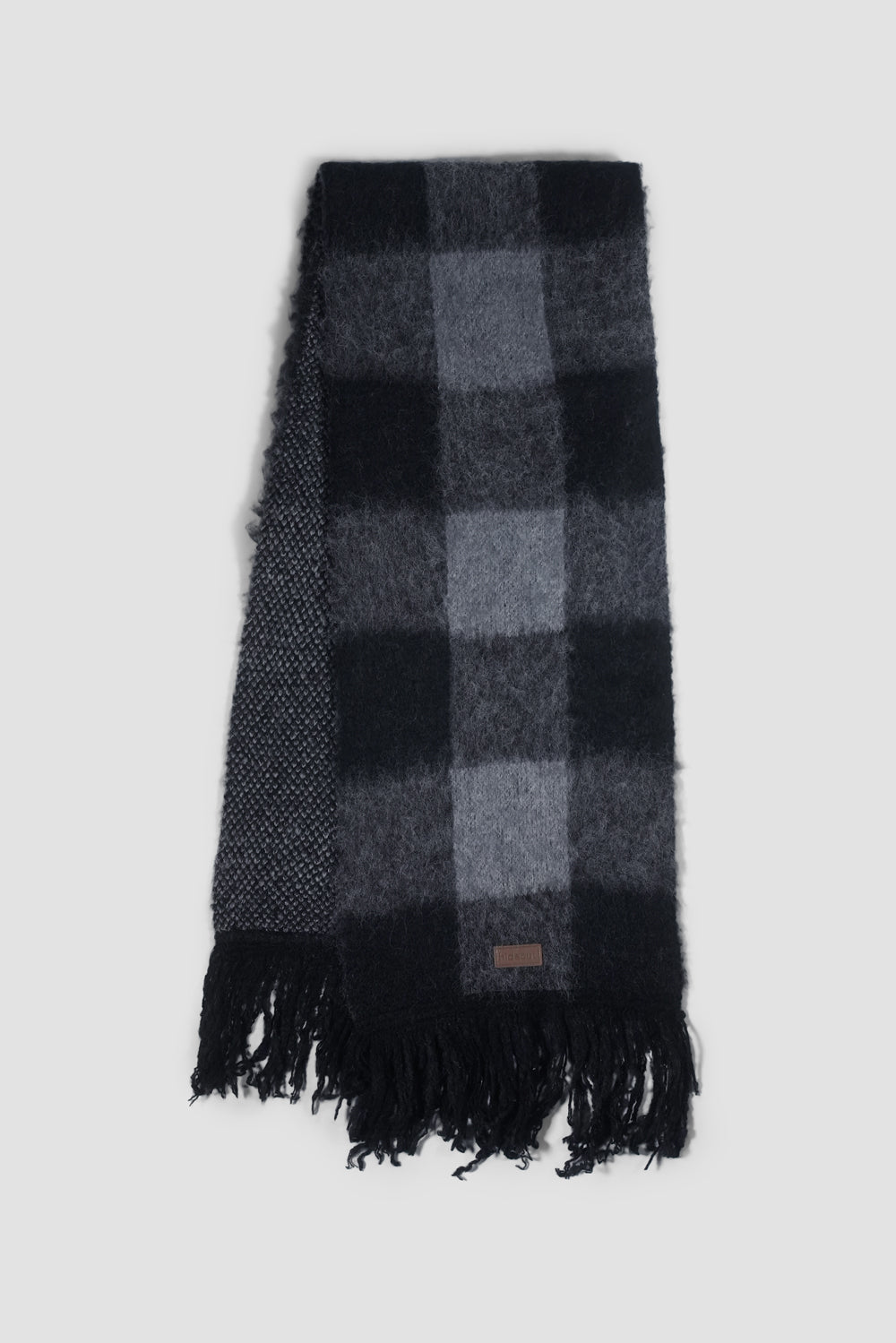 Black Plaid Fringe Scarf in white background