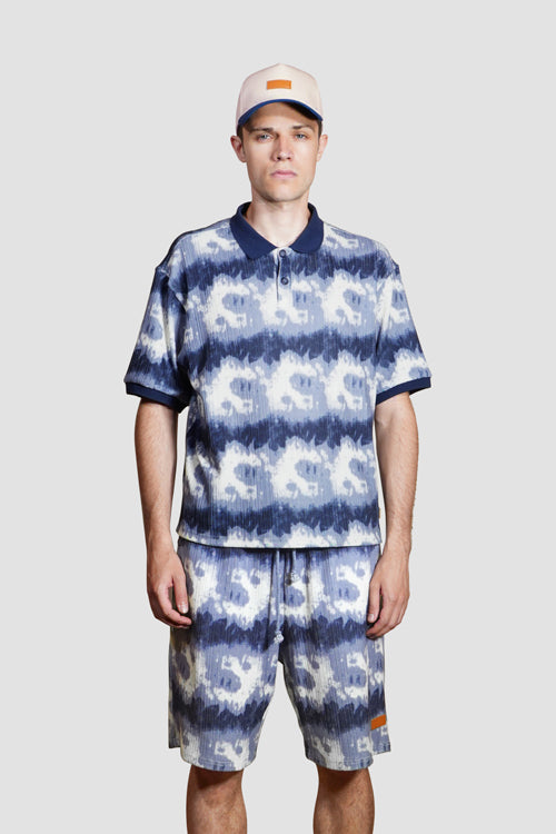 Cloud Pattern Short-Sleeve Knit Polo Shirt