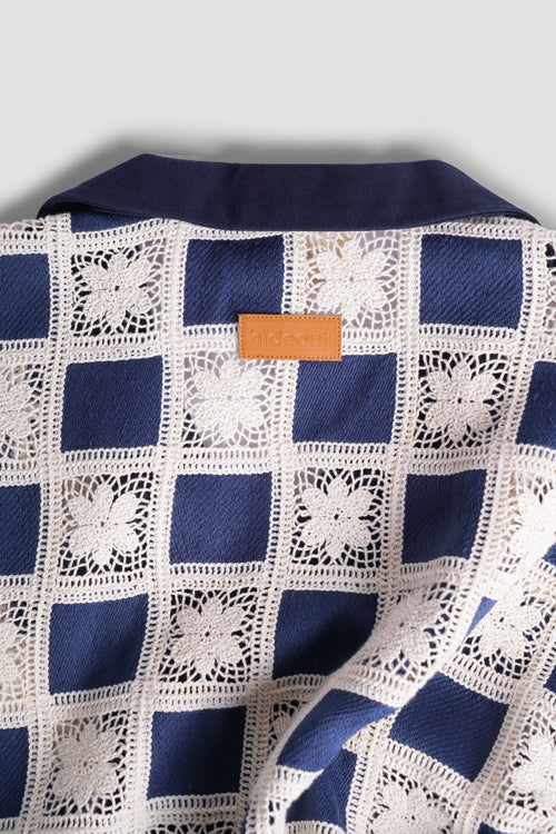 Flower Pattern Crochet Button Up Shirt Blue-White