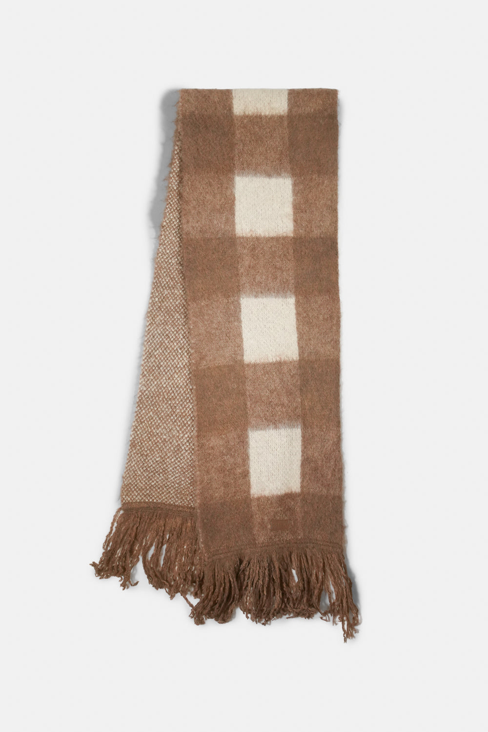 Plaid scarf with brown and beige pattern on a white background