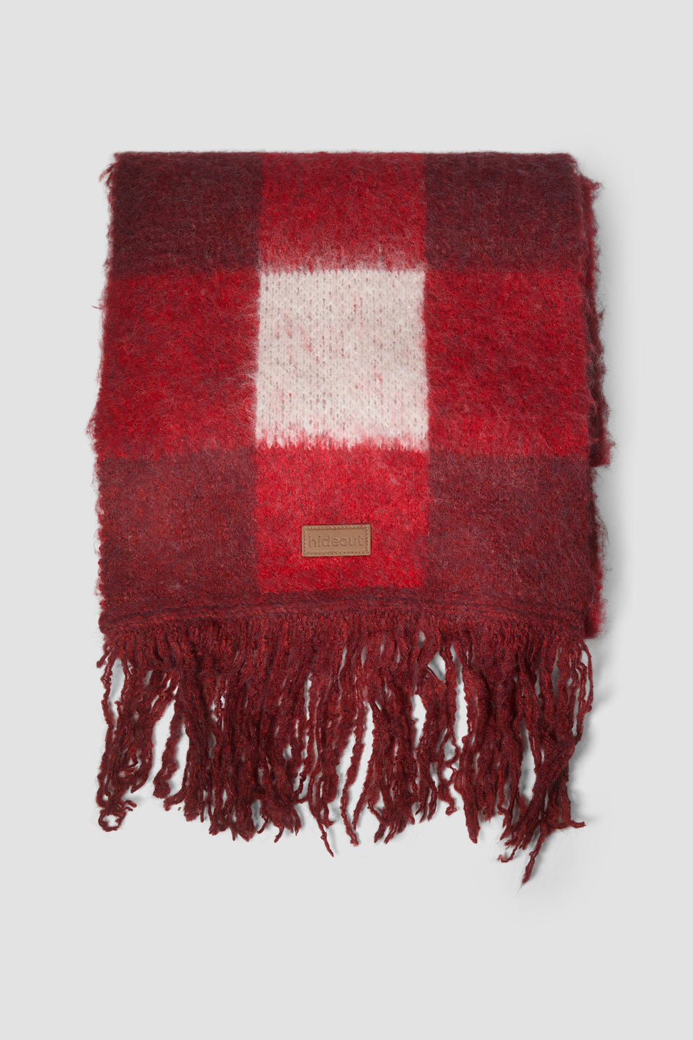 Red Plaid Fringe Scarf in white background