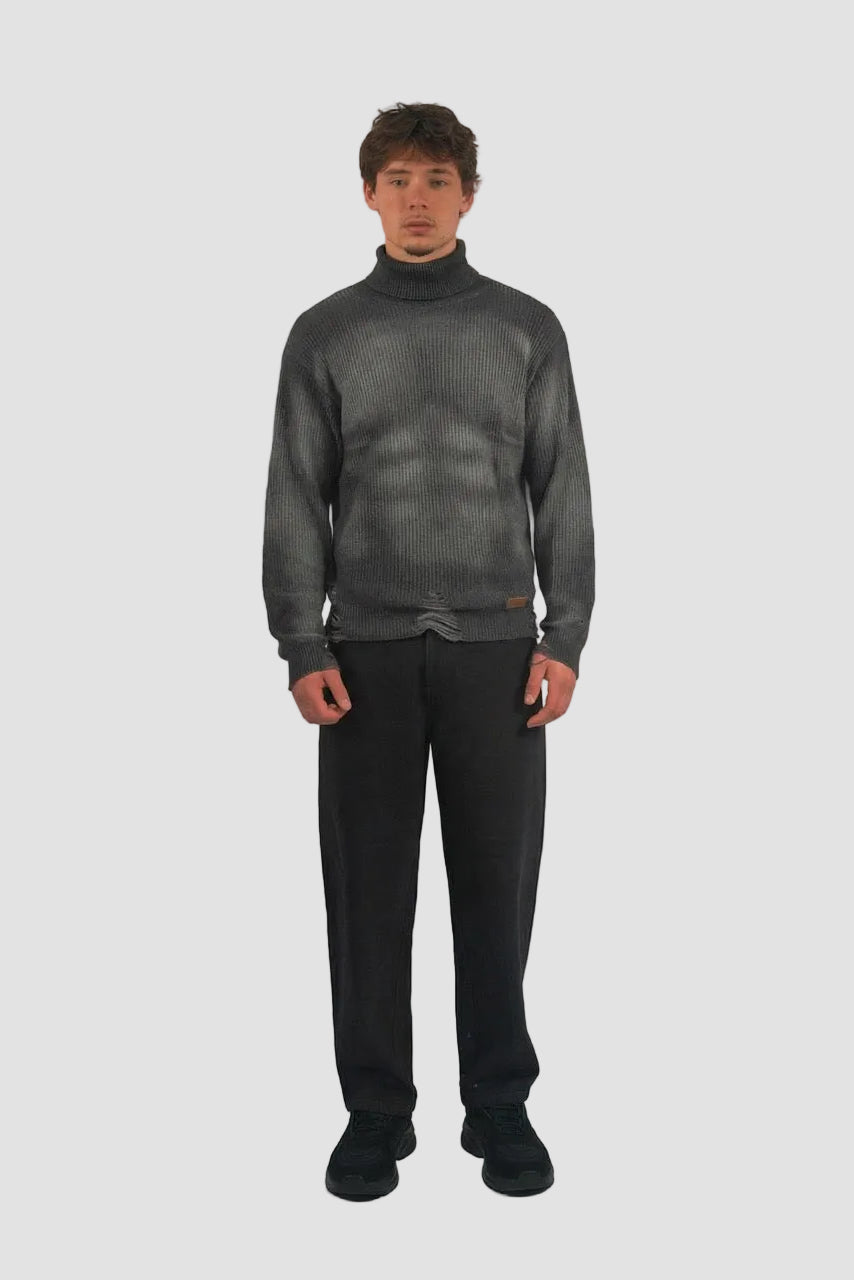 Distressed Sculpted Muscle Knit Turtleneck