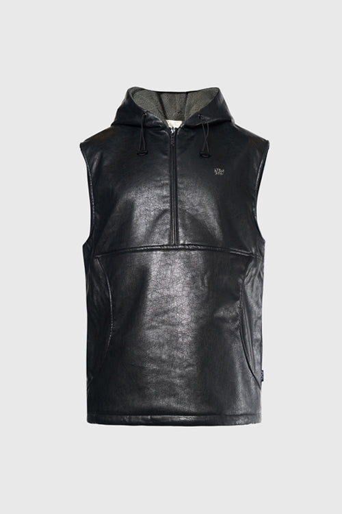 Waxed Faux Leather Sleeveless Hoodie - The Hideout Clothing