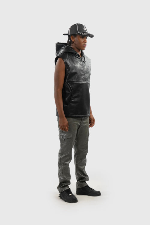 Waxed Faux Leather Sleeveless Hoodie - The Hideout Clothing