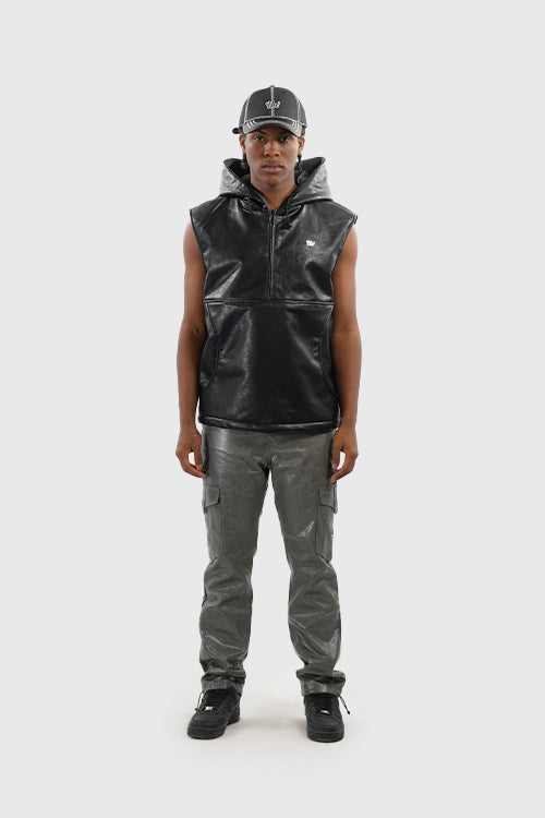 Waxed Faux Leather Sleeveless Hoodie - The Hideout Clothing