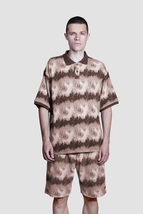Cloud Pattern Short-Sleeve Knit Polo Shirt Brown