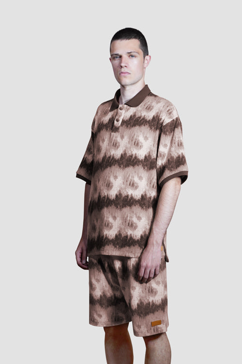 Cloud Pattern Short-Sleeve Knit Polo Shirt Brown