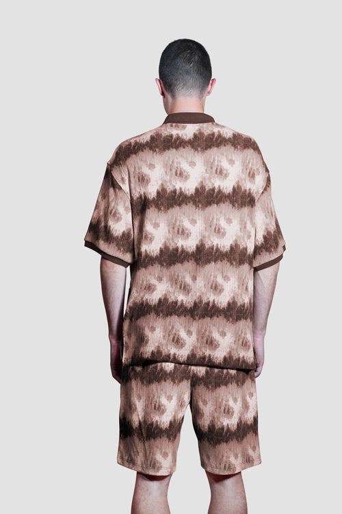 Cloud Pattern Short-Sleeve Knit Polo Shirt Brown