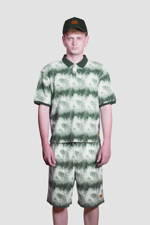Cloud Pattern Short-Sleeve Knit Polo Shirt Brown Green