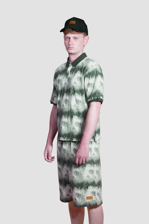 Cloud Pattern Short-Sleeve Knit Polo Shirt Brown Green