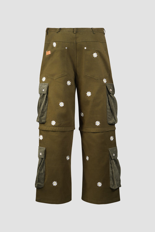 Embroidered Flowers Detachable Cargo Pants Shorts