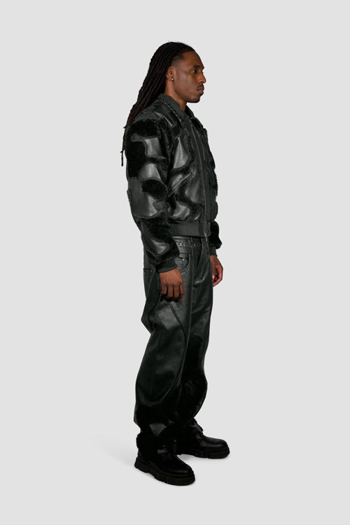 Faux Fur Vegan Leather Camouflage Jacket Black