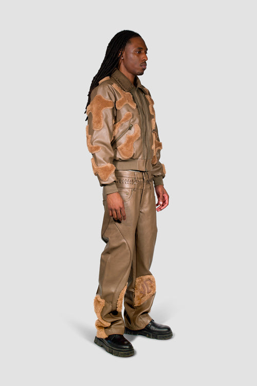 Faux Fur Vegan Leather Camouflage Jacket Brown