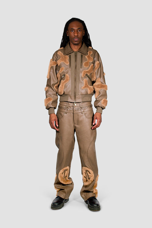 Faux Fur Vegan Leather Camouflage Jacket Brown