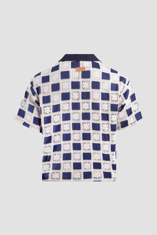 Flower Pattern Crochet Button Up Shirt Blue-White