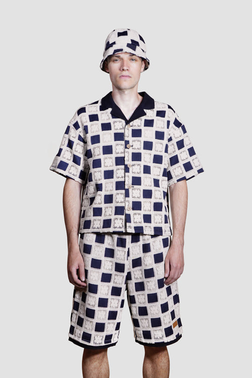 Flower Pattern Crochet Button Up Shirt Blue-White