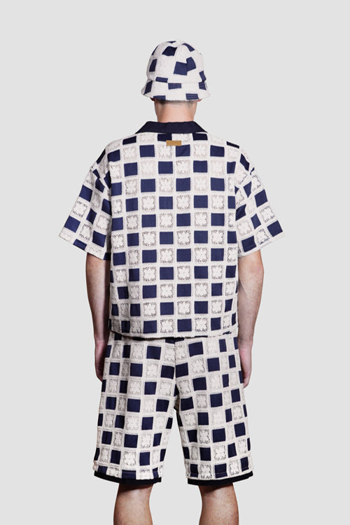 Flower Pattern Crochet Button Up Shirt Blue-White